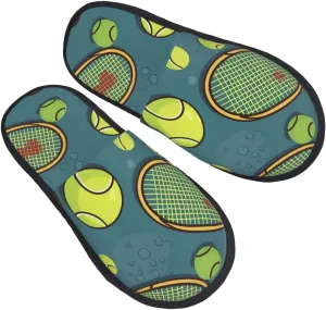 Funny Tennis Racquets and Tennis Balls Women's Fuzzy Slippers Slip-on Slipper Soft Comfy Bedroom Slippers Non-slip House Shoes