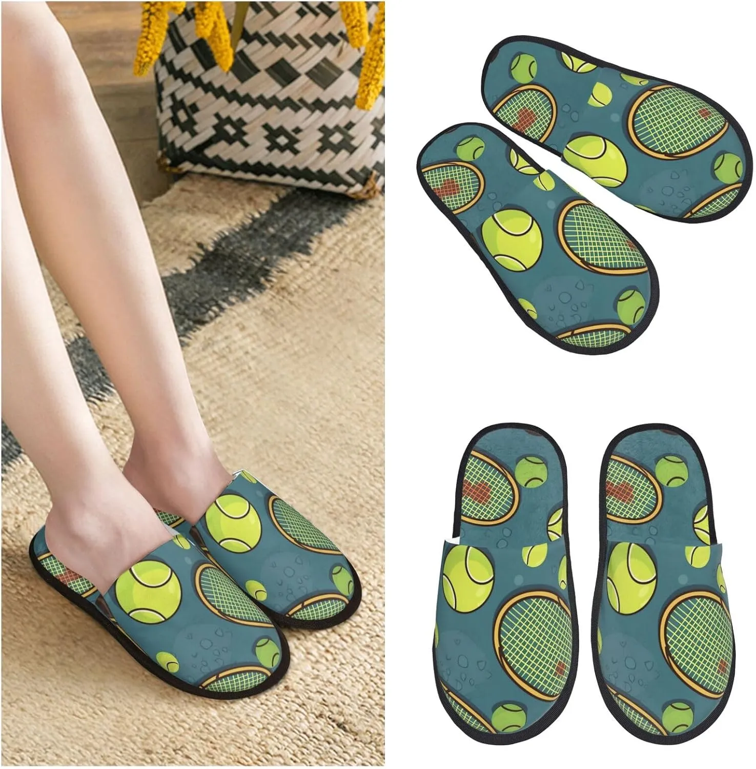 Funny Tennis Racquets and Tennis Balls Women's Fuzzy Slippers Slip-on Slipper Soft Comfy Bedroom Slippers Non-slip House Shoes