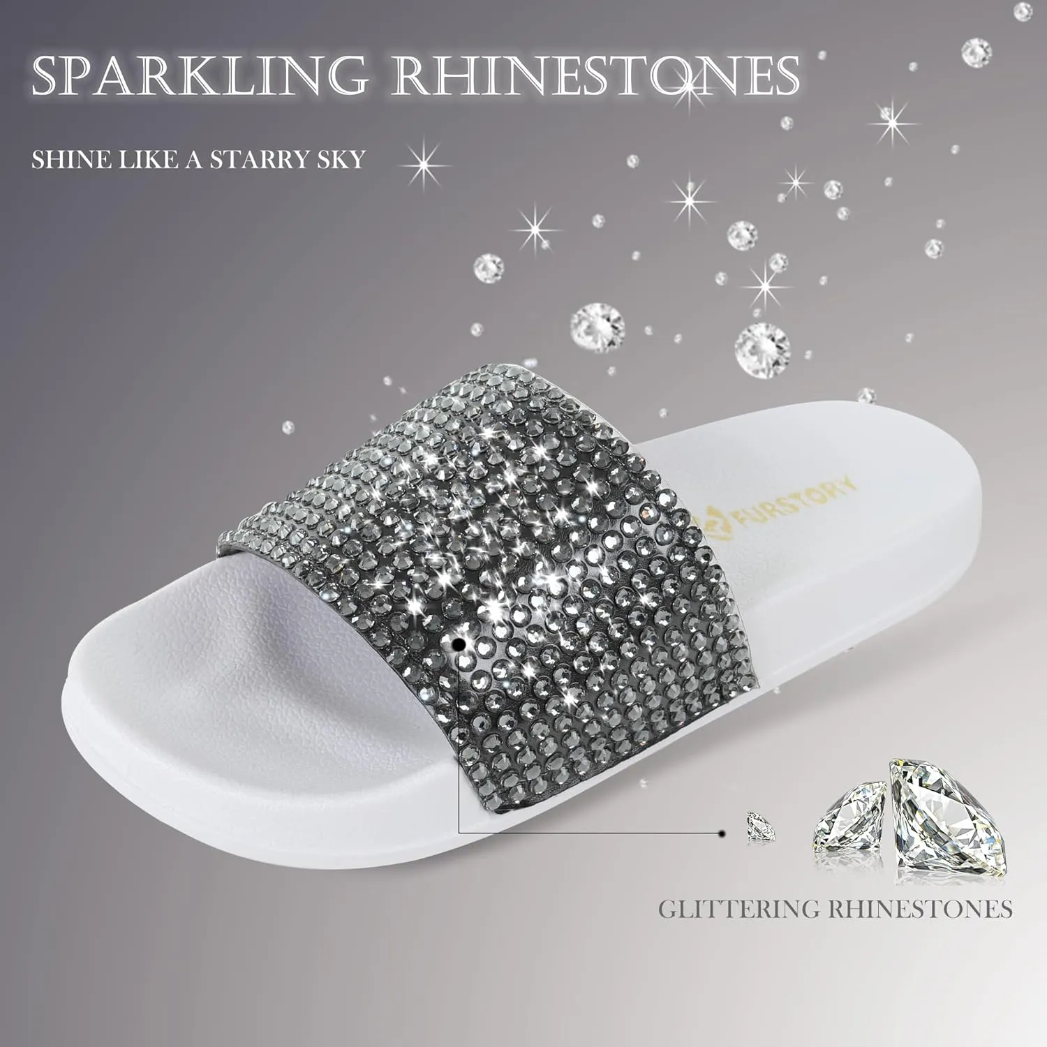 Fur Story Womens Slides House Slippers Rhinestone Glitter Slides Cute bling Flat for Women Platform Sandals Cozy Bedroom Slippers Shower Shoes