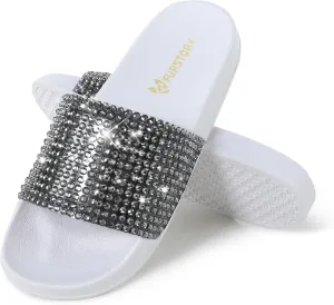 Fur Story Womens Slides House Slippers Rhinestone Glitter Slides Cute bling Flat for Women Platform Sandals Cozy Bedroom Slippers Shower Shoes