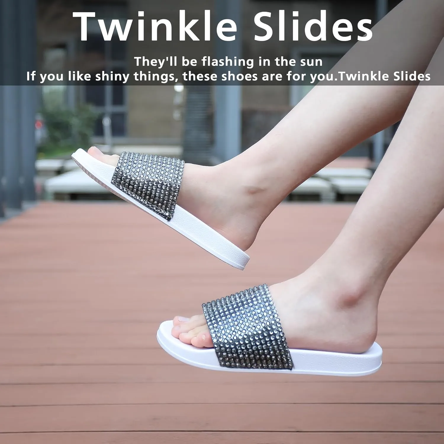 Fur Story Womens Slides House Slippers Rhinestone Glitter Slides Cute bling Flat for Women Platform Sandals Cozy Bedroom Slippers Shower Shoes
