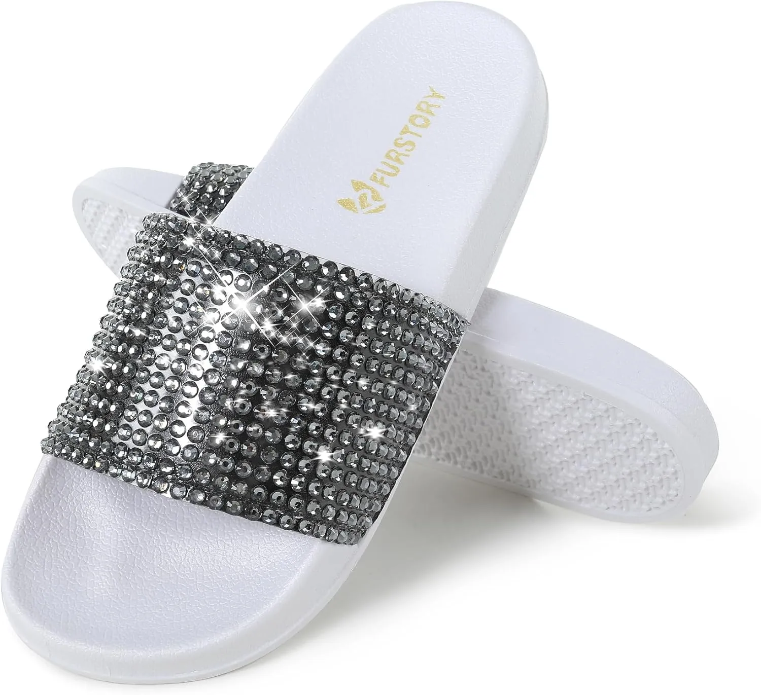 Fur Story Womens Slides House Slippers Rhinestone Glitter Slides Cute bling Flat for Women Platform Sandals Cozy Bedroom Slippers Shower Shoes