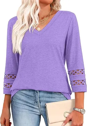 GaoCold Womens Tops,Trendy Lace Design 3/4 Length Sleeve,Casual Blouses,for Women V Neck,Daily Wear Clothing