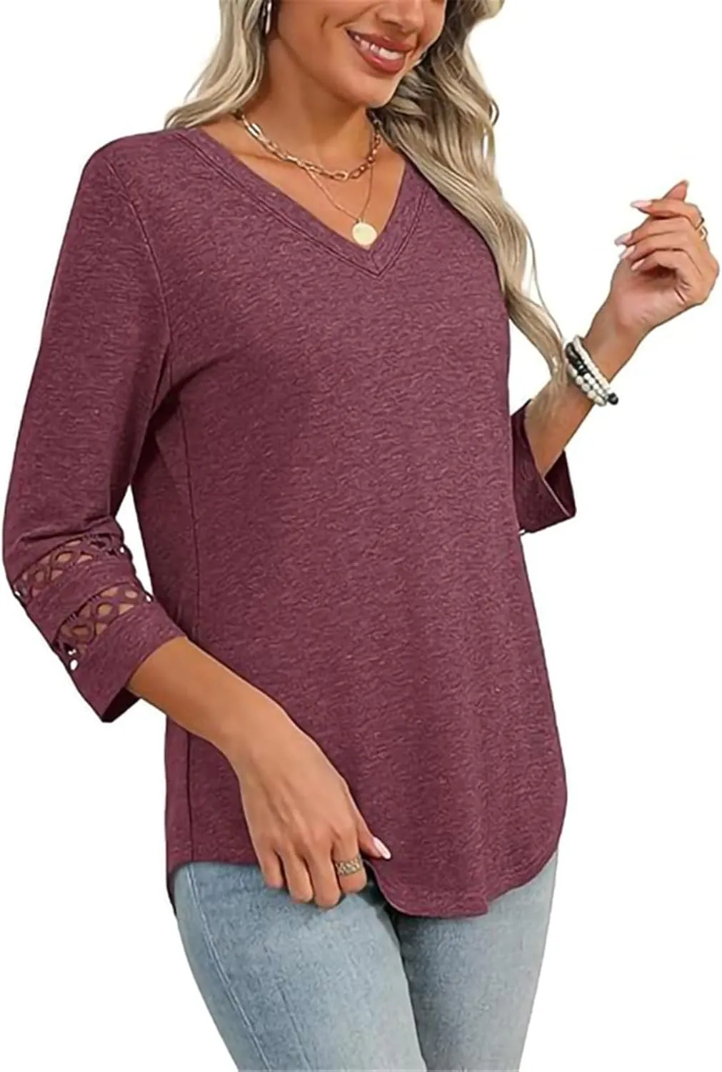 GaoCold Womens Tops,Trendy Lace Design 3/4 Length Sleeve,Casual Blouses,for Women V Neck,Daily Wear Clothing