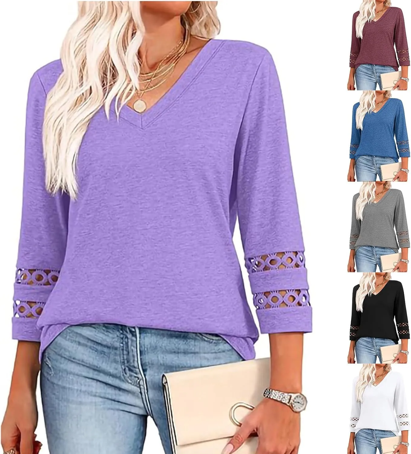 GaoCold Womens Tops,Trendy Lace Design 3/4 Length Sleeve,Casual Blouses,for Women V Neck,Daily Wear Clothing