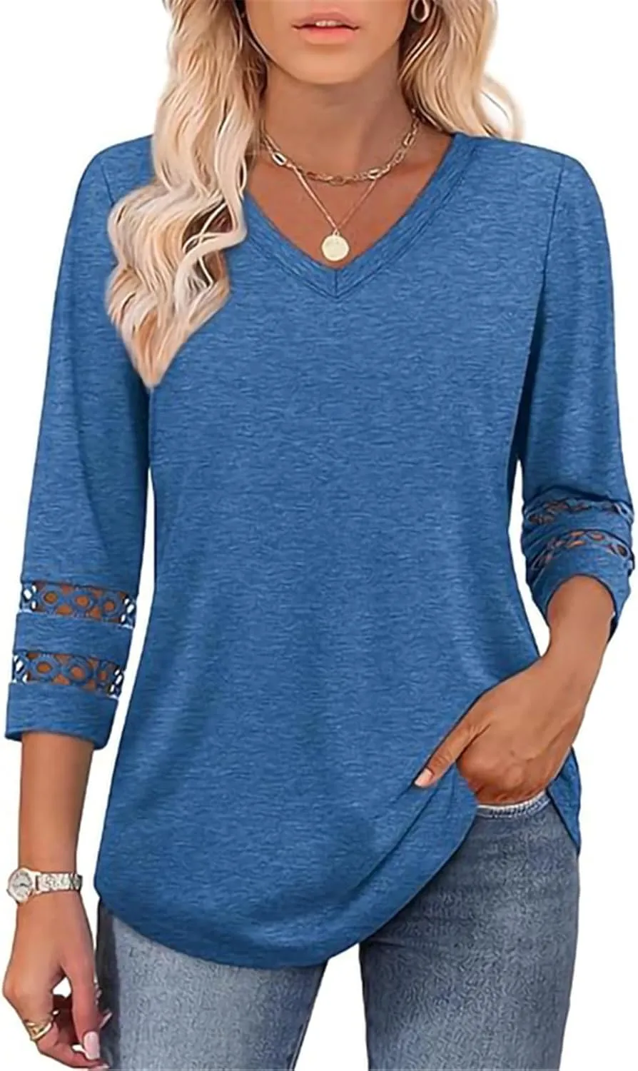GaoCold Womens Tops,Trendy Lace Design 3/4 Length Sleeve,Casual Blouses,for Women V Neck,Daily Wear Clothing