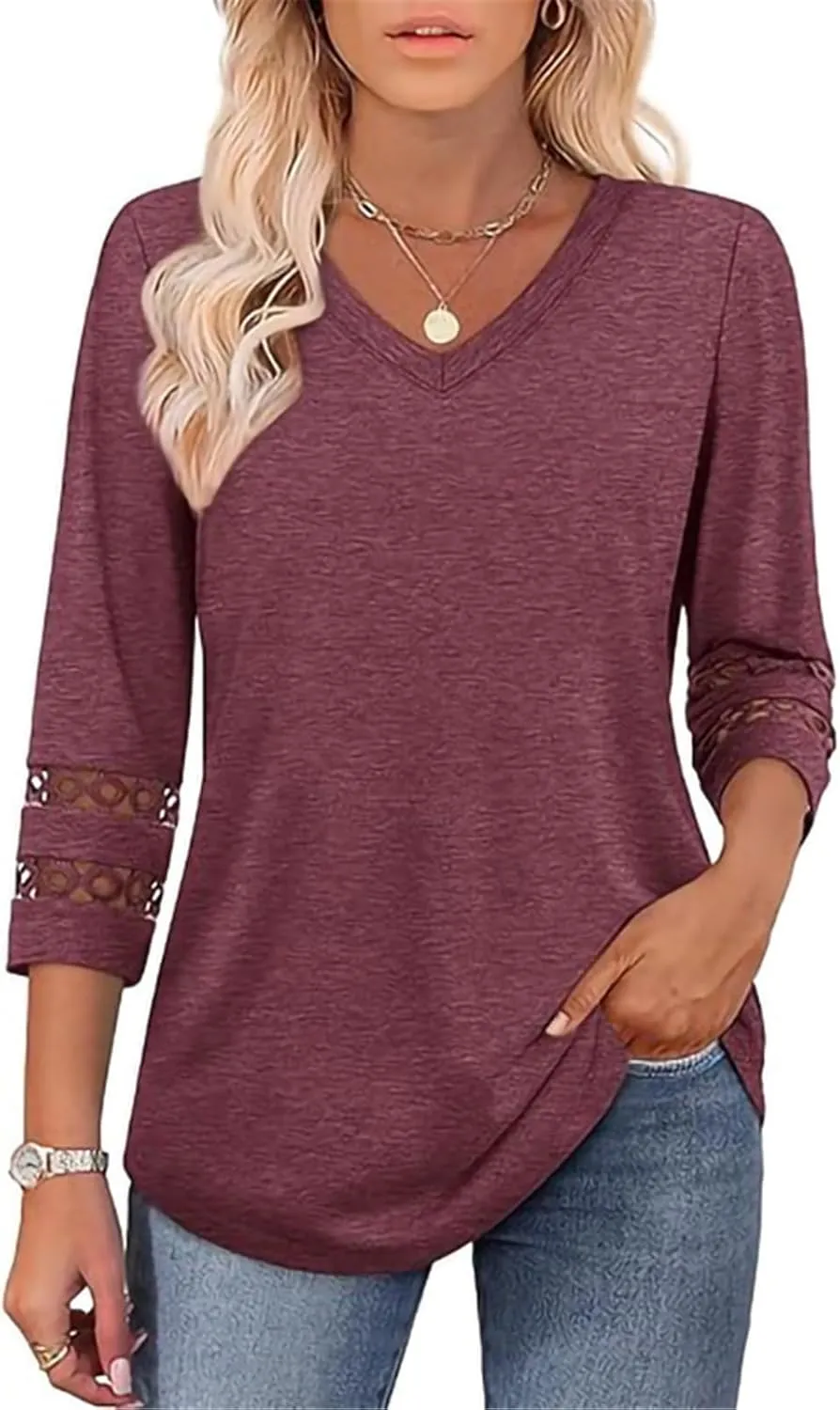 GaoCold Womens Tops,Trendy Lace Design 3/4 Length Sleeve,Casual Blouses,for Women V Neck,Daily Wear Clothing