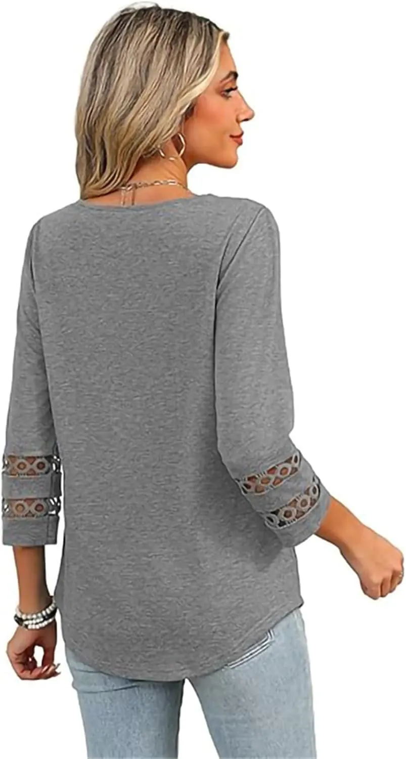 GaoCold Womens Tops,Trendy Lace Design 3/4 Length Sleeve,Casual Blouses,for Women V Neck,Daily Wear Clothing