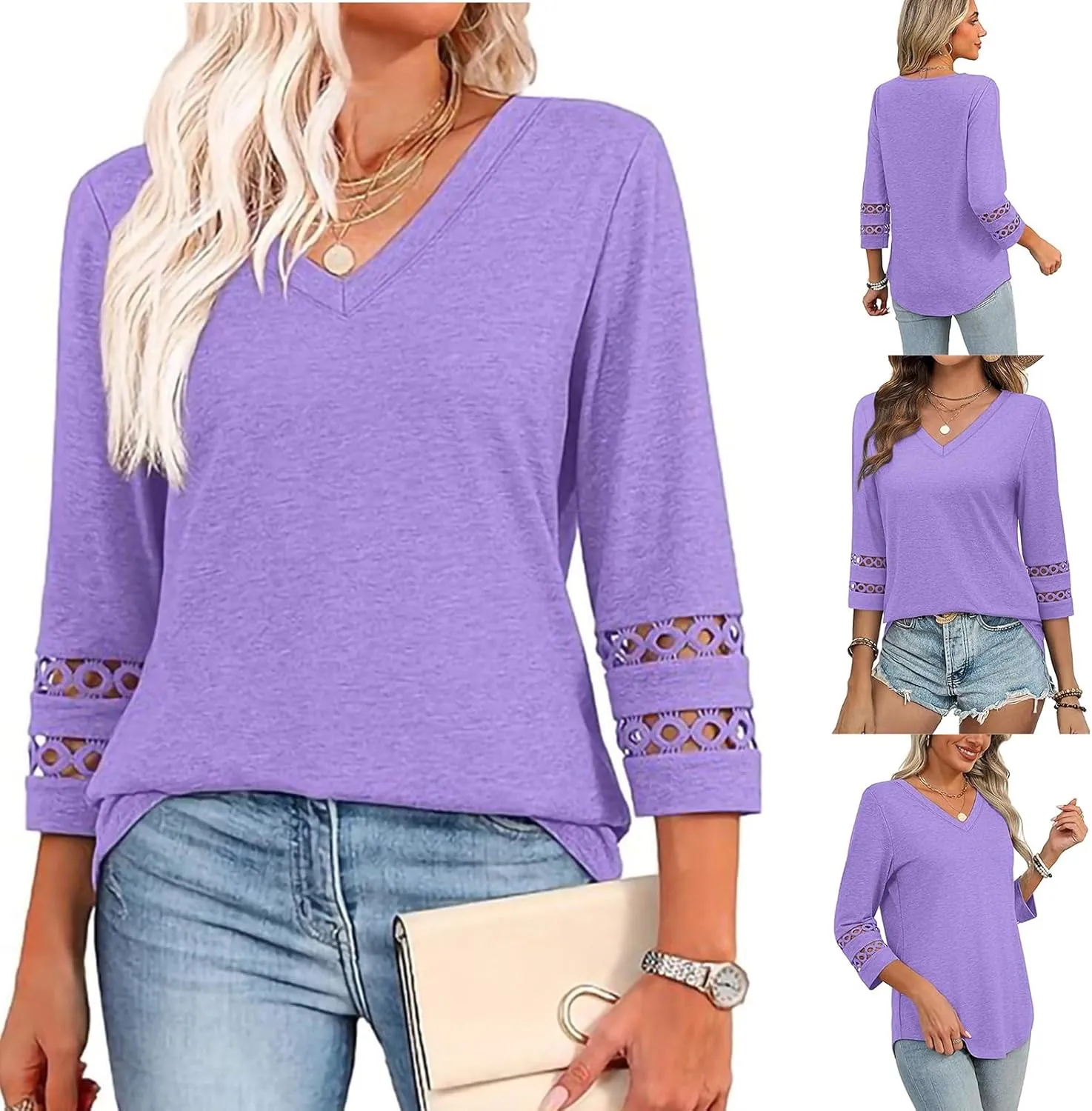 GaoCold Womens Tops,Trendy Lace Design 3/4 Length Sleeve,Casual Blouses,for Women V Neck,Daily Wear Clothing