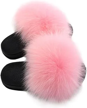 Girls Faux Fur Slides Sandals Cute Fluffy Fuzzy Slippers Fluffy House Slide Open Toe Slip On Sandals Indoor Outdoor