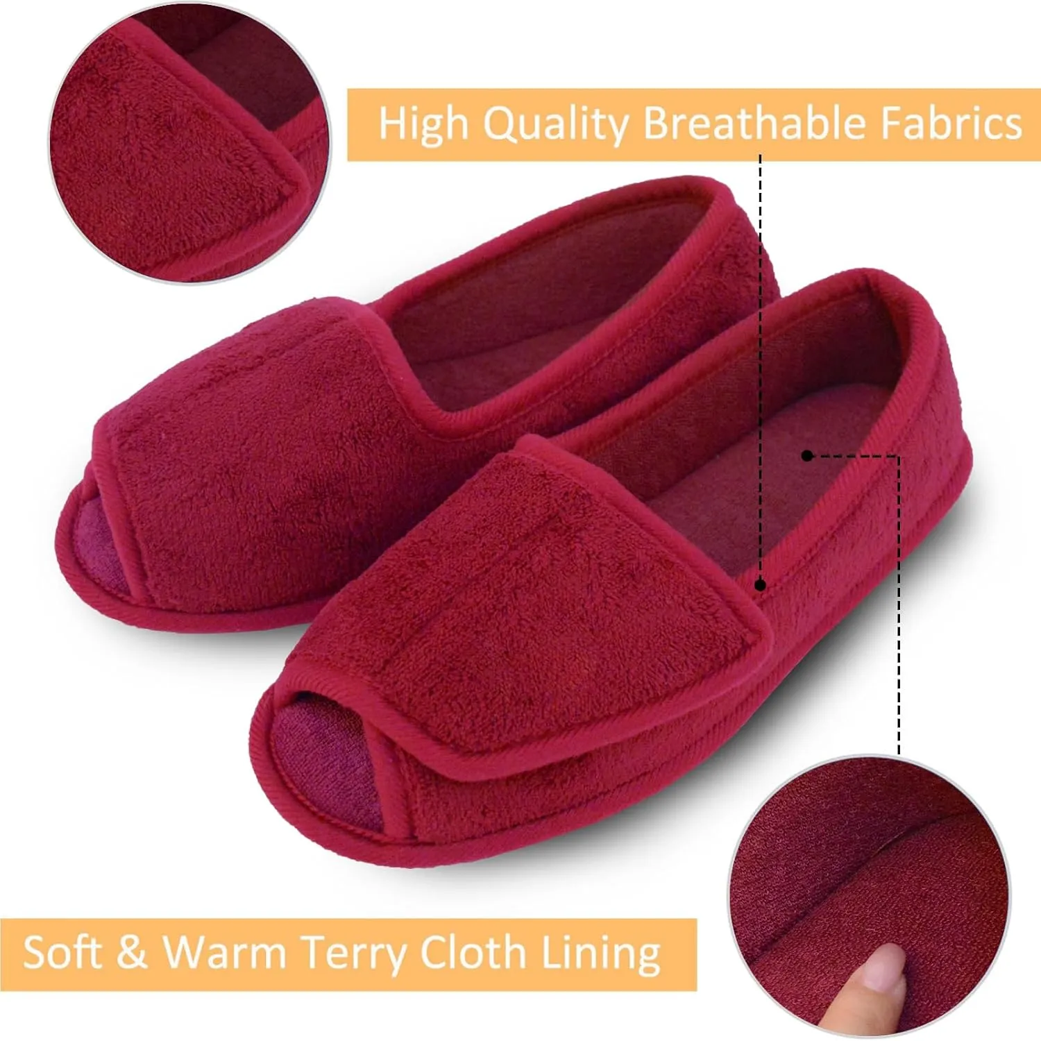 Git-up Diabetic Slippers for Women Memory Foam Arthritis Edema Adjustable Open Toe Swollen Feet Slippers Bedroom House Indoor Outdoor Shoes with Rubber Sole