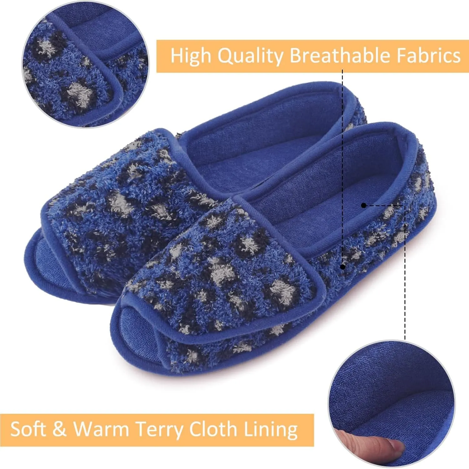 Git-up Diabetic Slippers for Women Memory Foam Arthritis Edema Adjustable Open Toe Swollen Feet Slippers Bedroom House Indoor Outdoor Shoes with Rubber Sole