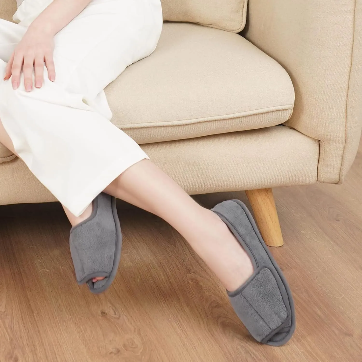 Git-up Diabetic Slippers for Women Memory Foam Arthritis Edema Adjustable Open Toe Swollen Feet Slippers Bedroom House Indoor Outdoor Shoes with Rubber Sole