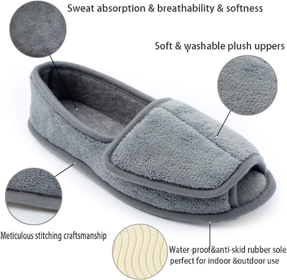 Git-up Women Diabetic Slippers/W Arthritis Edema Adjustable Closure Memory Foam House Shoes Open Toe Extra Wide