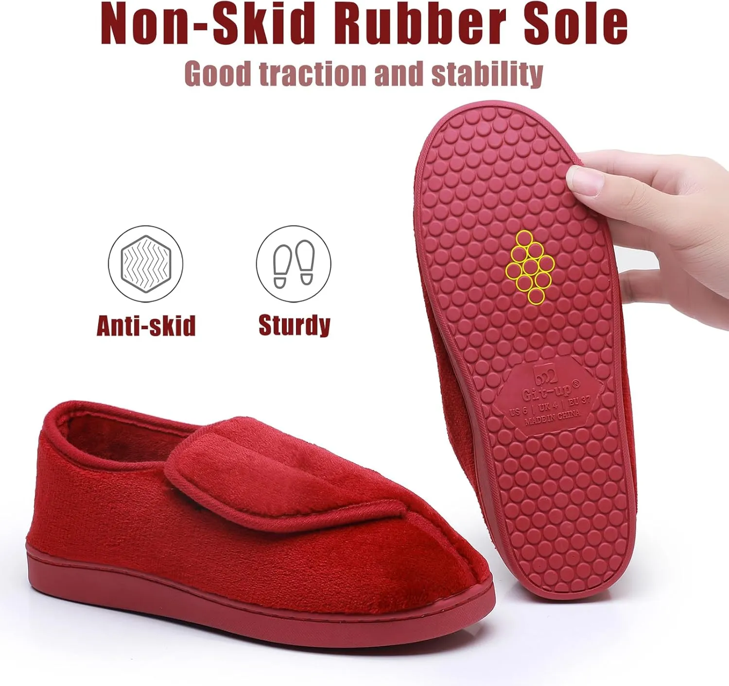Git-up Women Memory Foam Diabetic Slippers Arthritis Edema Adjustable Closed Toe Swollen Feet Slippers Comfortable House Indoor Outdoor Shoes with Rubber Sole
