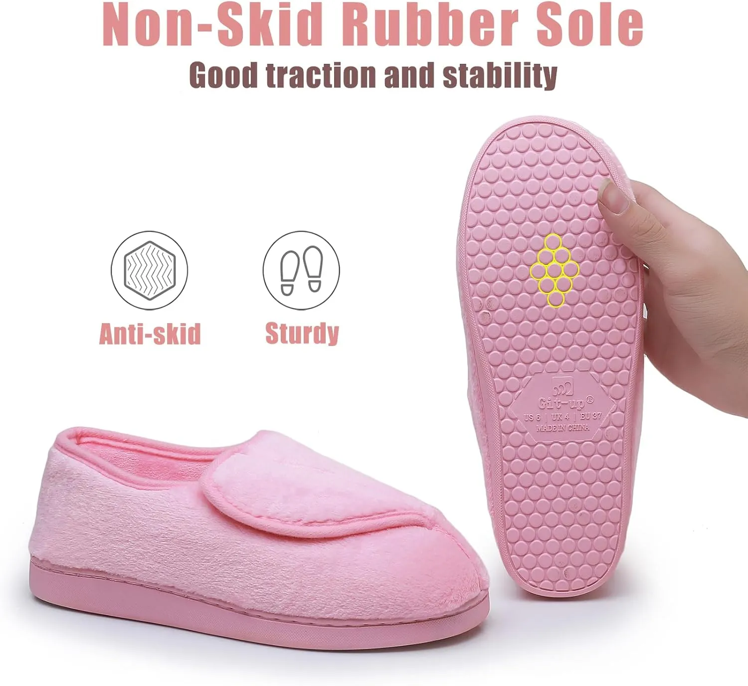 Git-up Women Memory Foam Diabetic Slippers Arthritis Edema Adjustable Closed Toe Swollen Feet Slippers Comfortable House Indoor Outdoor Shoes with Rubber Sole
