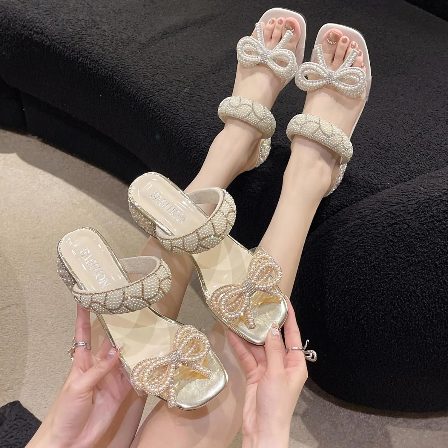 Gladtbser Women's Bow Pearl Low Chunky Heel Mule Sandals,Fashion Pearl Strap Design Slip-on Open Toe Block Heel Slides Sandals Wedding Party Dress Sandals