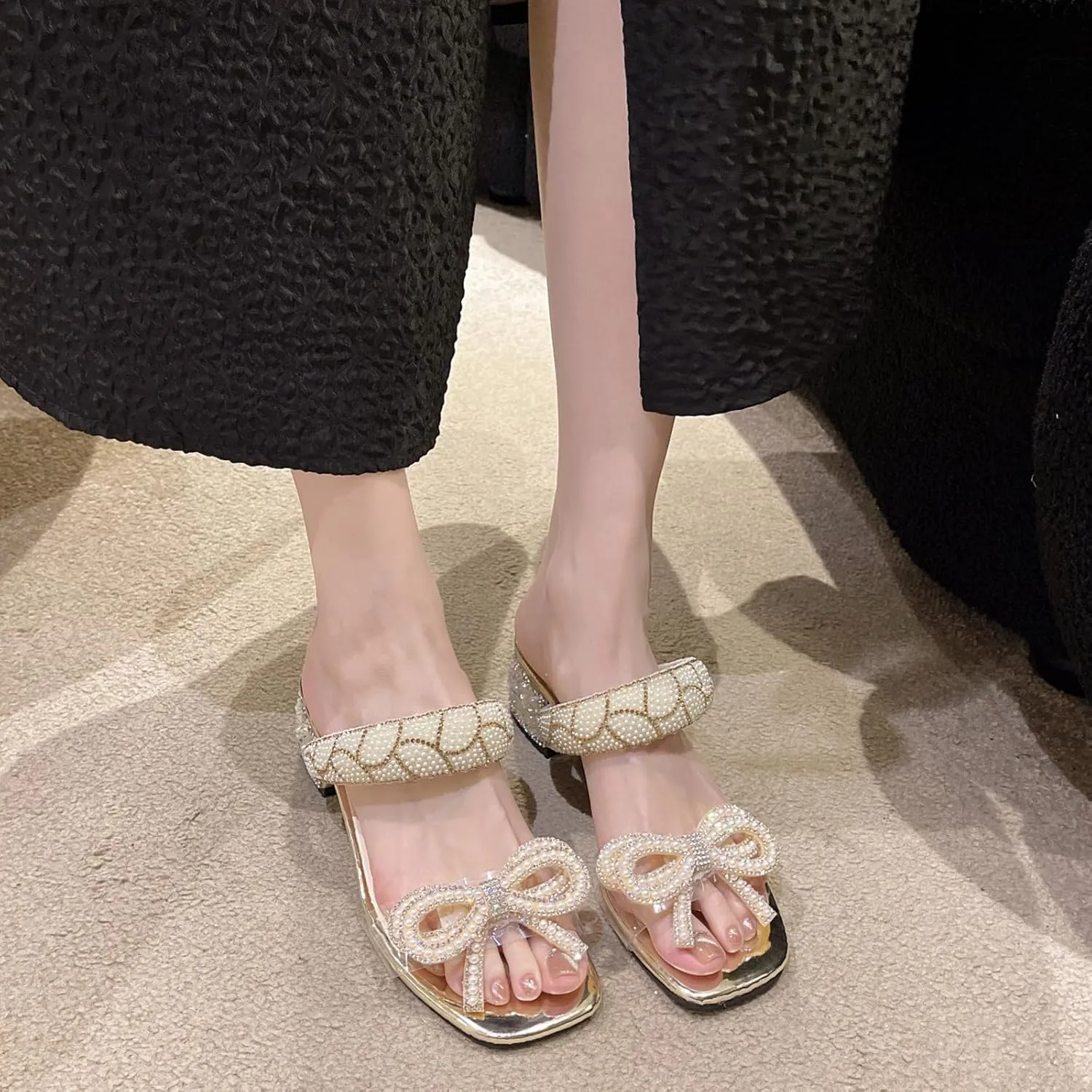 Gladtbser Women's Bow Pearl Low Chunky Heel Mule Sandals,Fashion Pearl Strap Design Slip-on Open Toe Block Heel Slides Sandals Wedding Party Dress Sandals