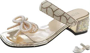 Gladtbser Women's Bow Pearl Low Chunky Heel Mule Sandals,Fashion Pearl Strap Design Slip-on Open Toe Block Heel Slides Sandals Wedding Party Dress Sandals