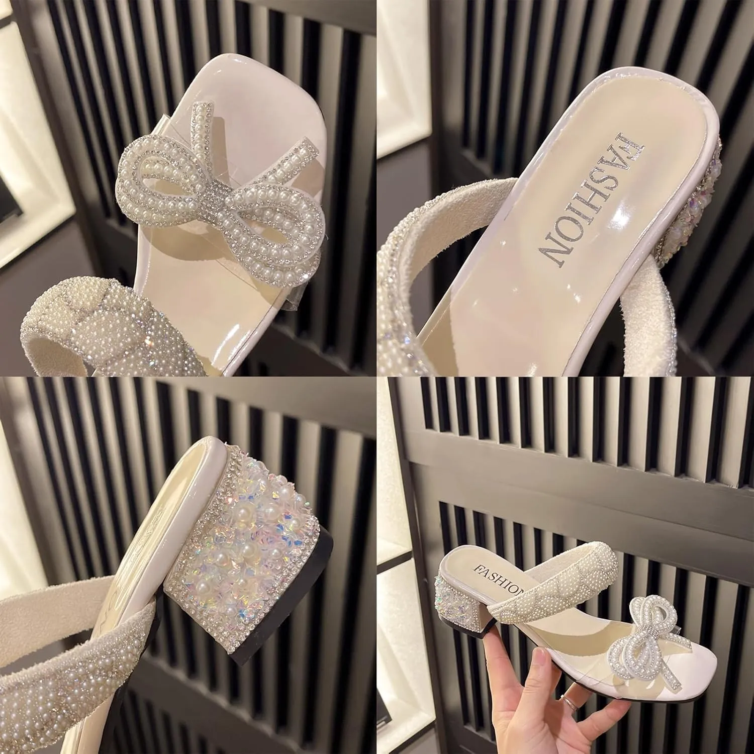 Gladtbser Women's Bow Pearl Low Chunky Heel Mule Sandals,Fashion Pearl Strap Design Slip-on Open Toe Block Heel Slides Sandals Wedding Party Dress Sandals