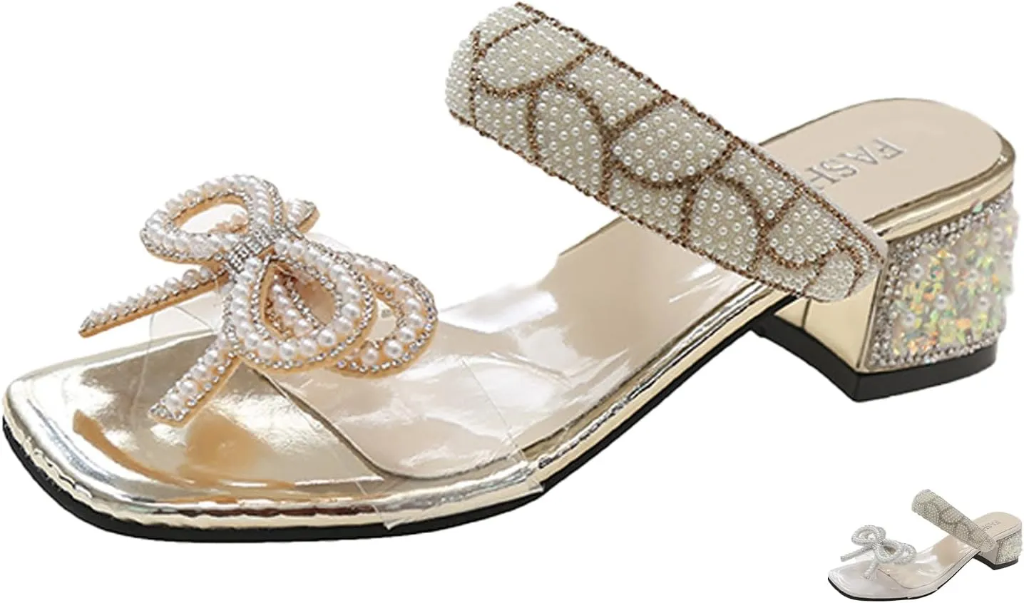 Gladtbser Women's Bow Pearl Low Chunky Heel Mule Sandals,Fashion Pearl Strap Design Slip-on Open Toe Block Heel Slides Sandals Wedding Party Dress Sandals