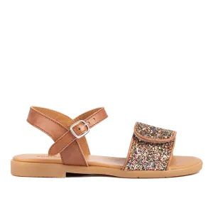 Glitter sandal with buckle and velcro closure