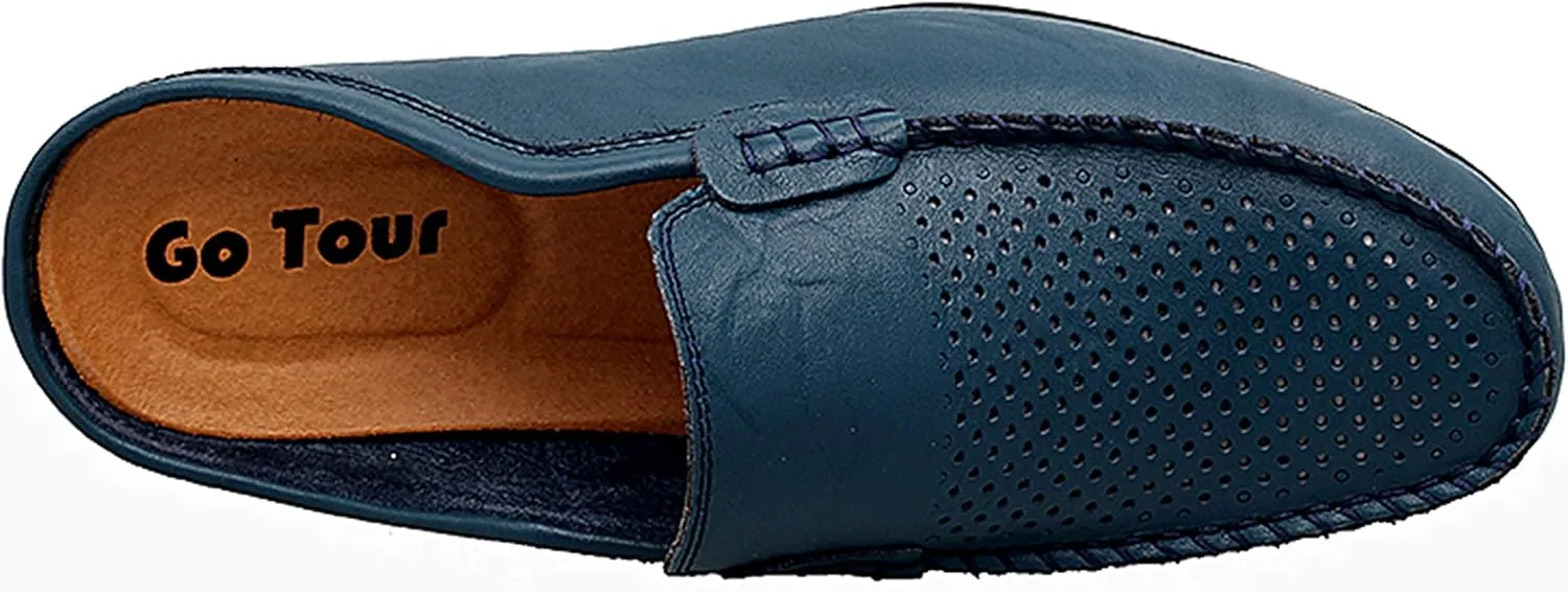Go Tour Mens Mules Clog Slippers Breathable Punching Leather Slip on Shoes Casual Loafers
