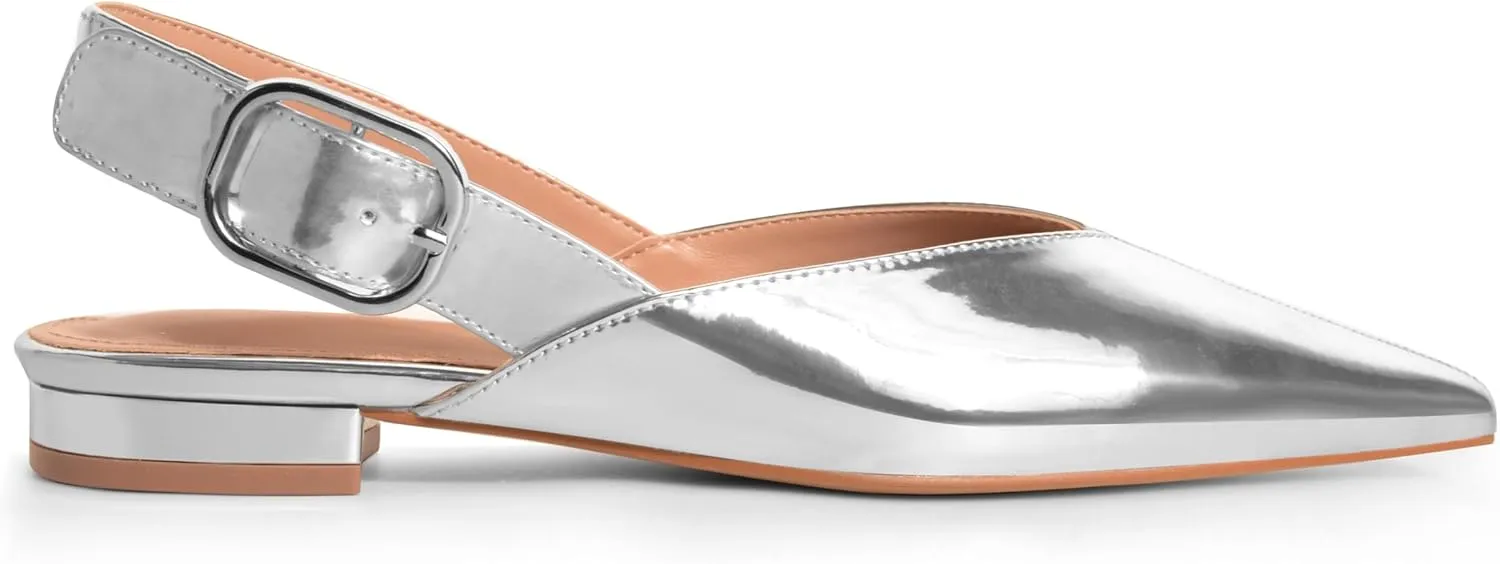 Gold Slingback Flat Shoes for Women Casual Comfortable Shoes Pointed Toe Adjustable Buckle Flat Mule Sandals