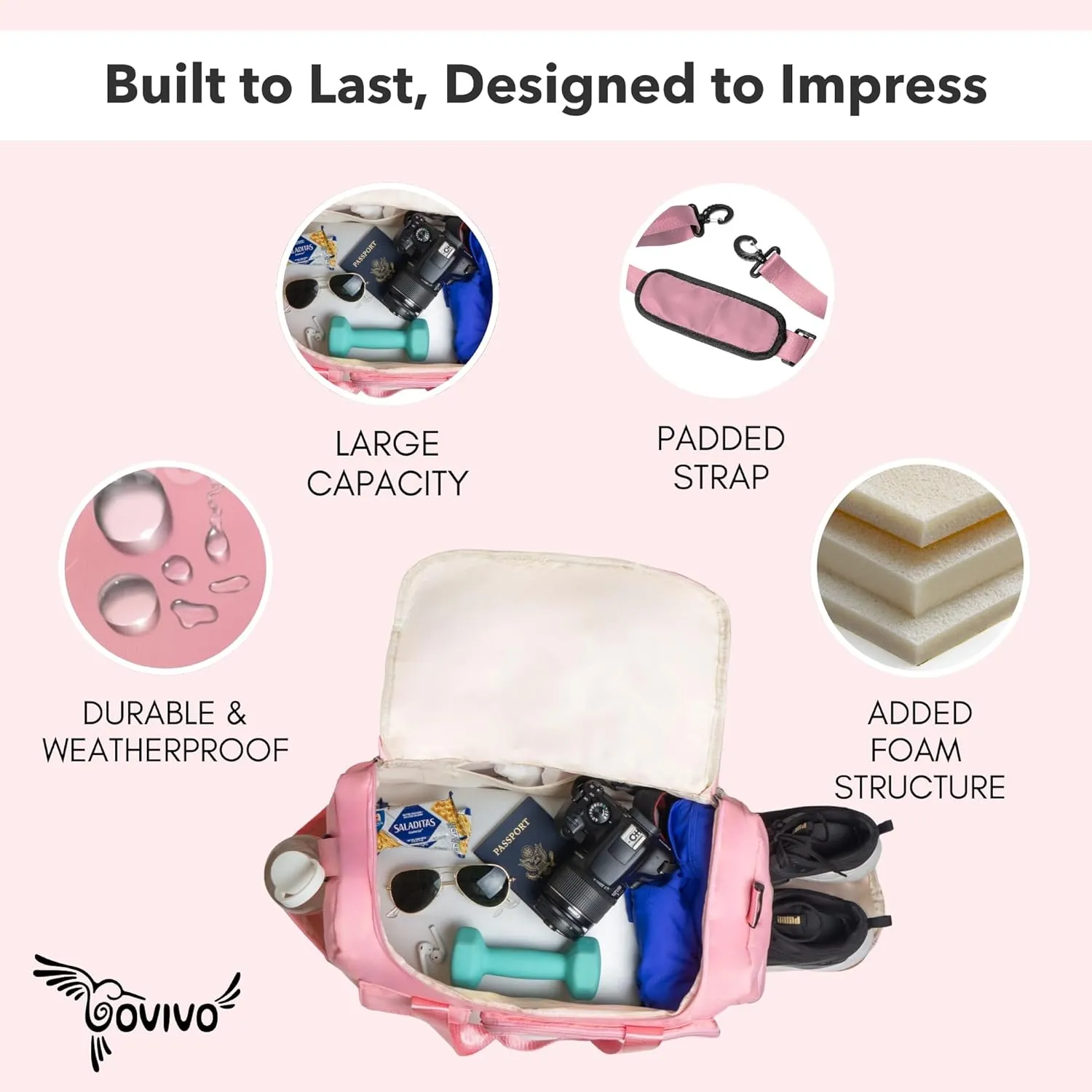 GoVivo Gym Bag with Shoe Compartment, Gym Duffle Bag for Women, Water Resistant Weekender travel Bag, bolso de viaje para mujer, Lightweight & Stylish gym bags, Pink