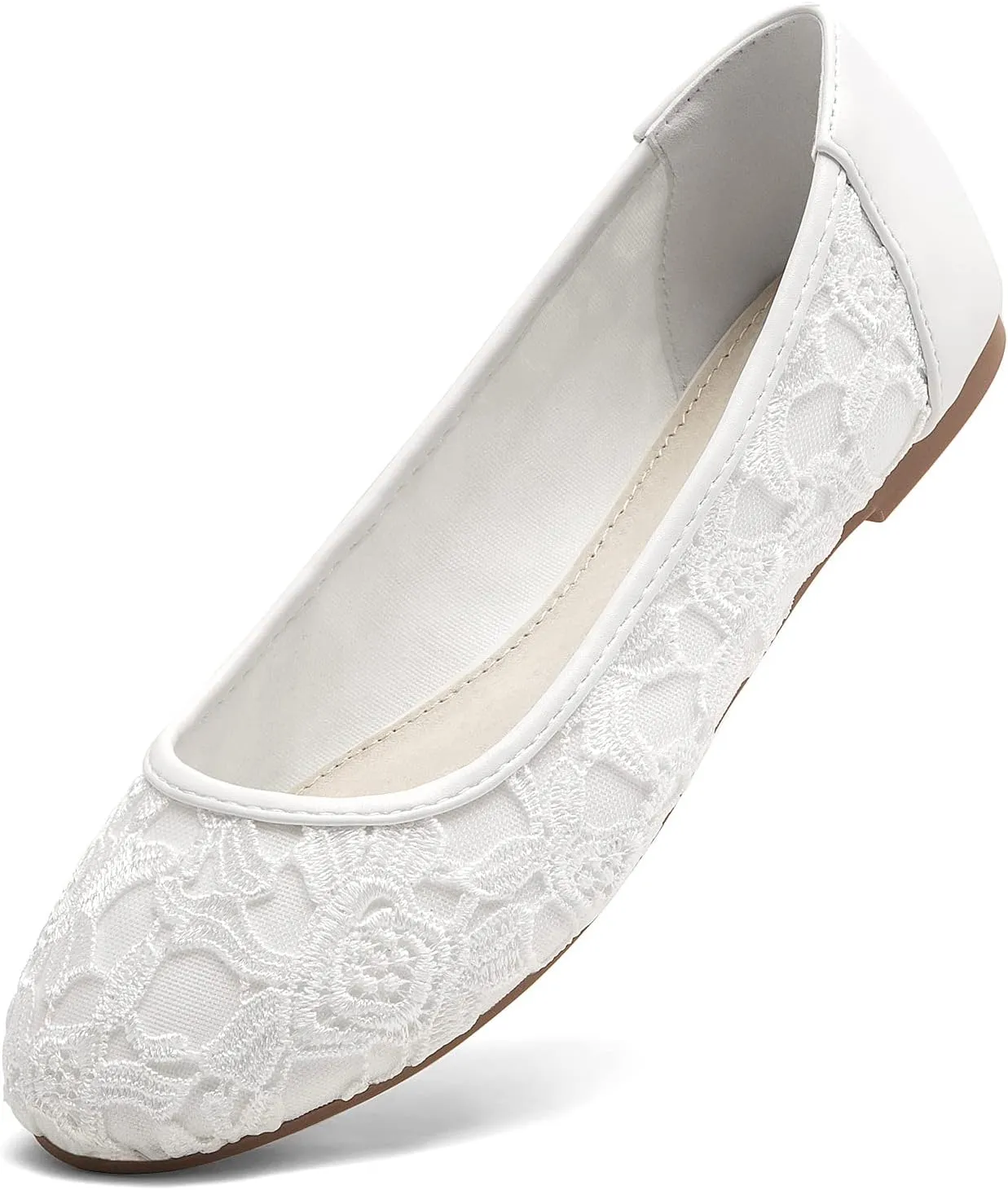 Greatonu Women's Flats Cut Out Round Toe Slip On Floral Ballet Flat Comfortable Lace Flats Dressy
