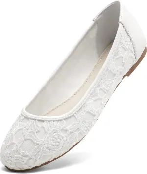 Greatonu Women's Flats Cut Out Round Toe Slip On Floral Ballet Flat Comfortable Lace Flats Dressy