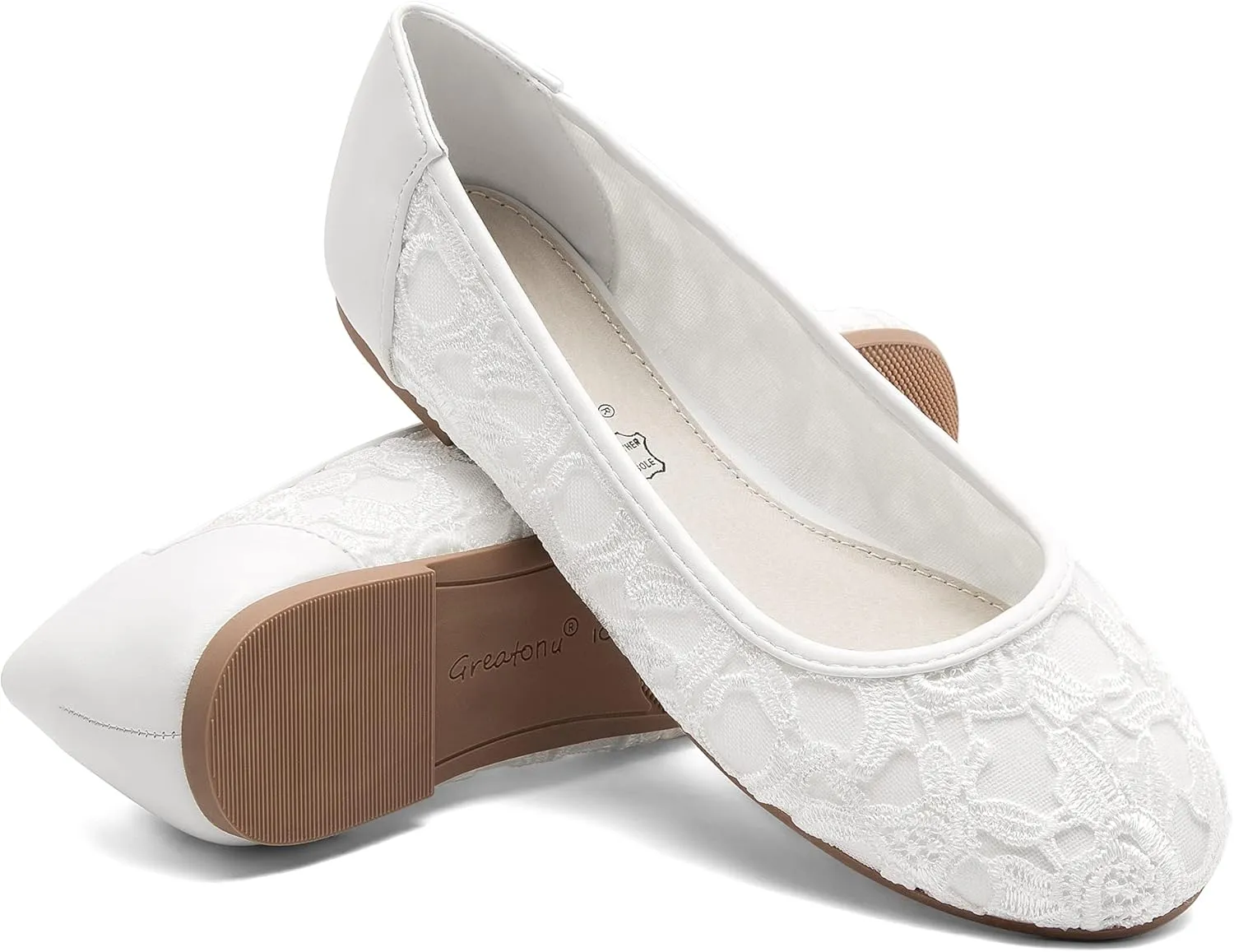 Greatonu Women's Flats Cut Out Round Toe Slip On Floral Ballet Flat Comfortable Lace Flats Dressy