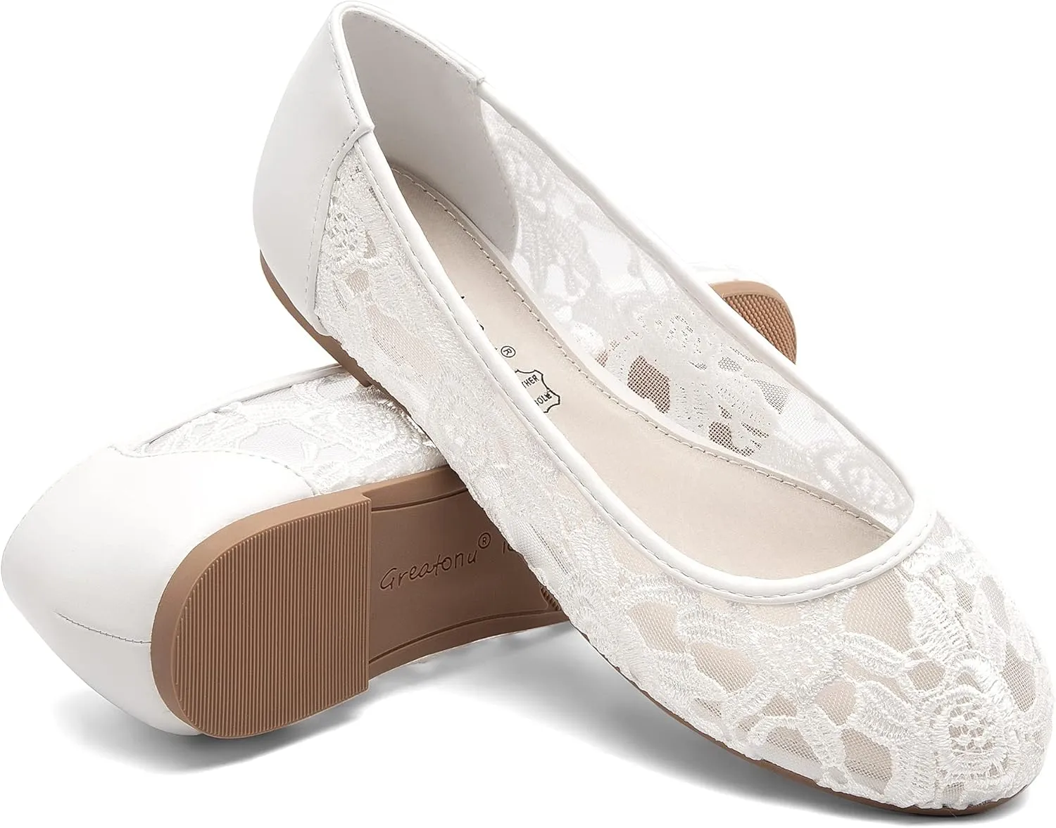 Greatonu Women's Flats Cut Out Round Toe Slip On Floral Ballet Flat Comfortable Lace Flats Dressy
