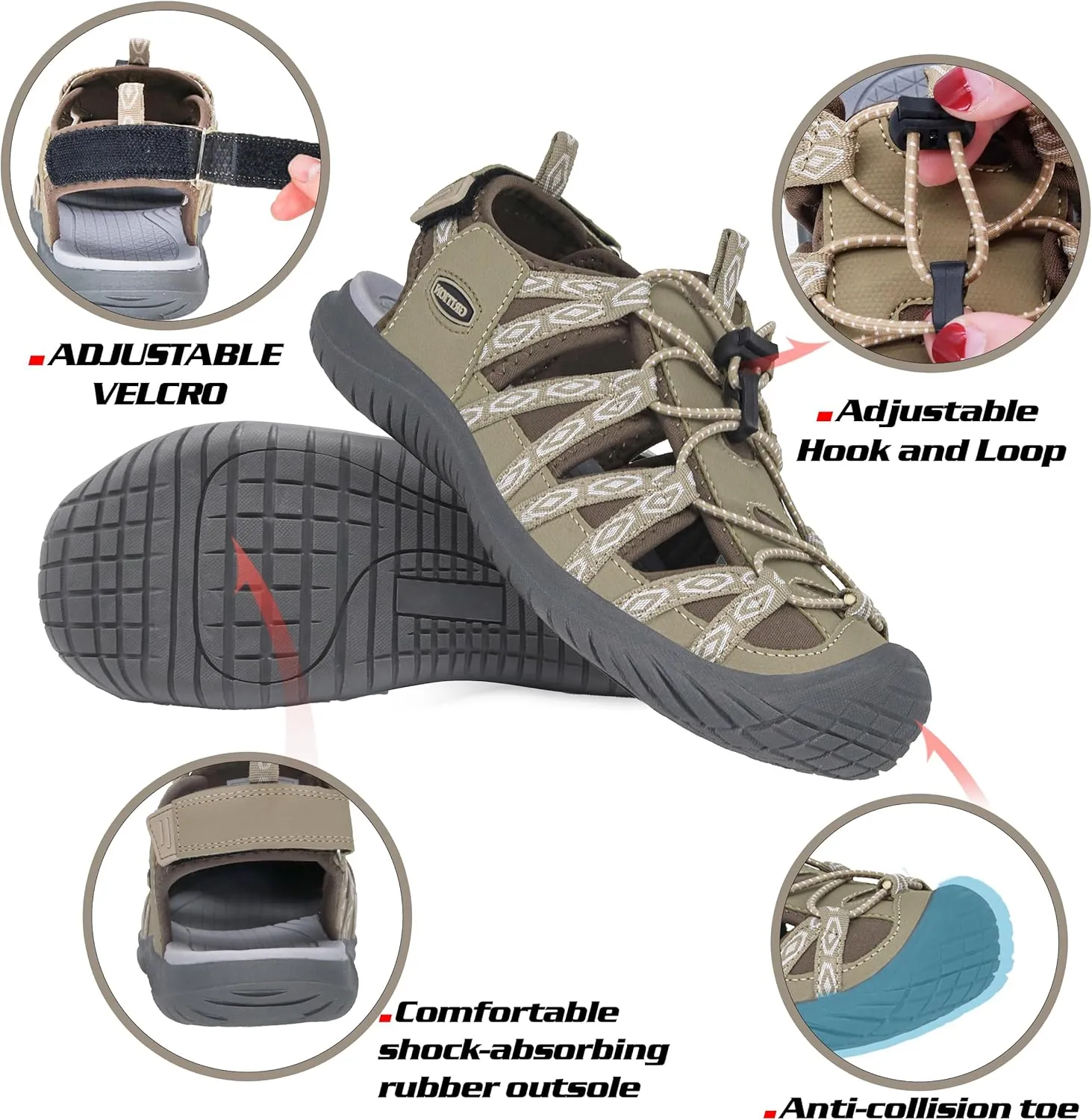 GRITION Hiking Sandals Women Closed Toe, Waterproof Lightweight Adjustable Hiking Athletic Sandals, Breathable For Beach Summer Adventure Comfortable Outdoor Sport