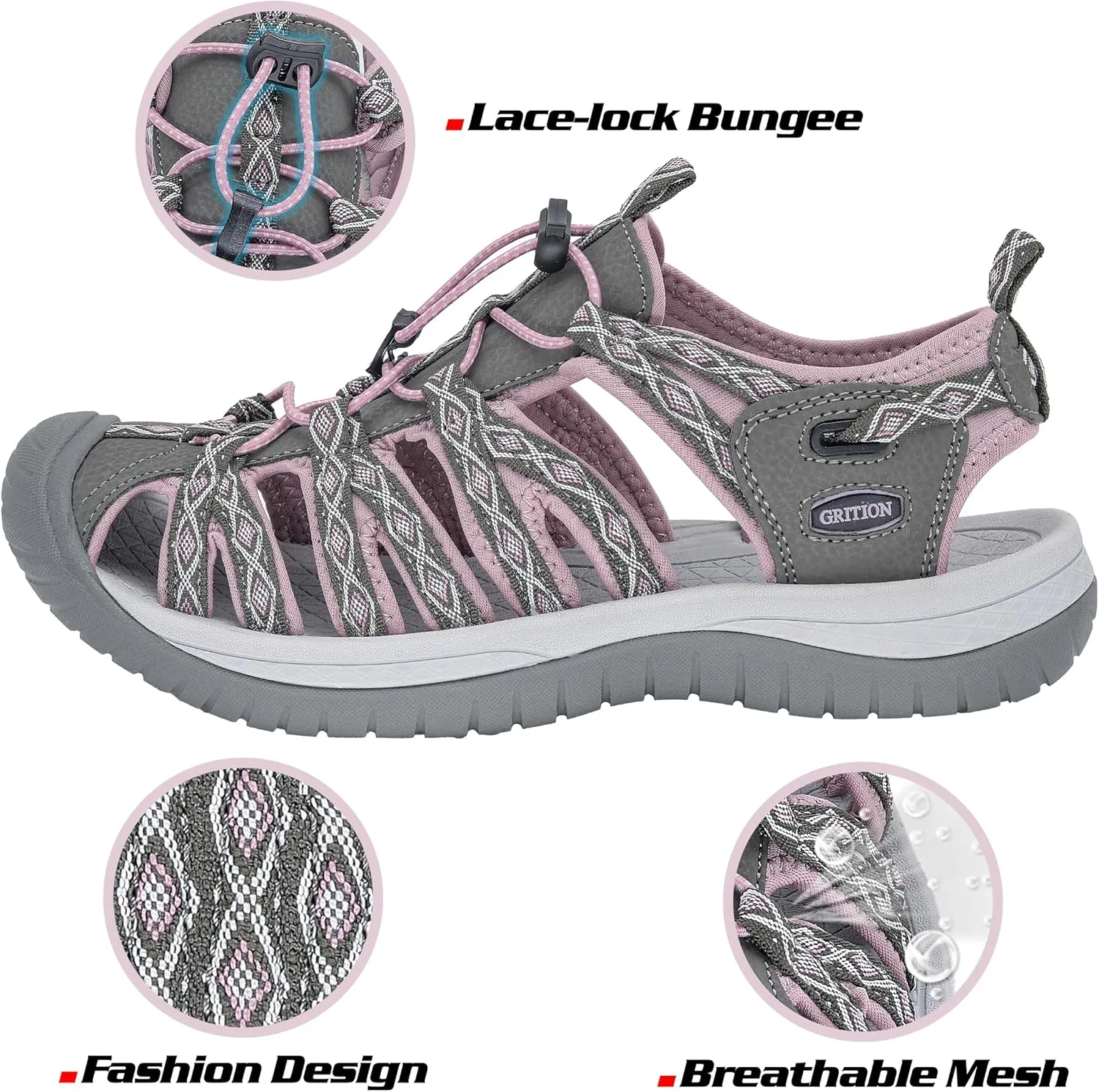 GRITION Hiking Sandals Women Closed Toe, Waterproof Lightweight Adjustable Hiking Athletic Sandals, Breathable For Beach Summer Adventure Comfortable Outdoor Sport