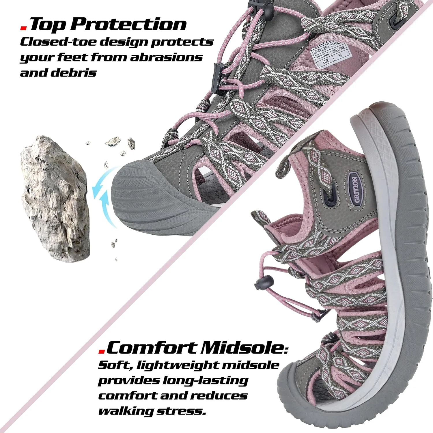 GRITION Hiking Sandals Women Closed Toe, Waterproof Lightweight Adjustable Hiking Athletic Sandals, Breathable For Beach Summer Adventure Comfortable Outdoor Sport