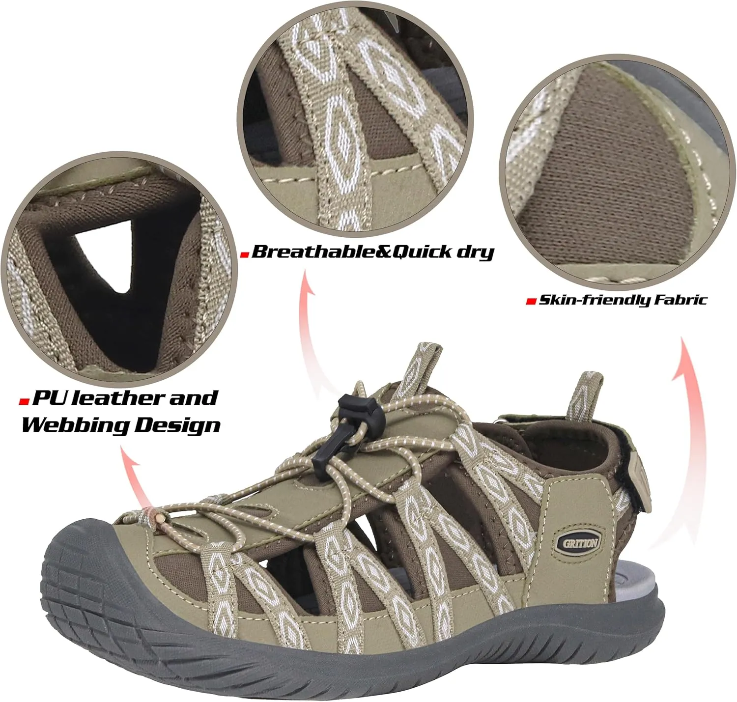 GRITION Hiking Sandals Women Closed Toe, Waterproof Lightweight Adjustable Hiking Athletic Sandals, Breathable For Beach Summer Adventure Comfortable Outdoor Sport