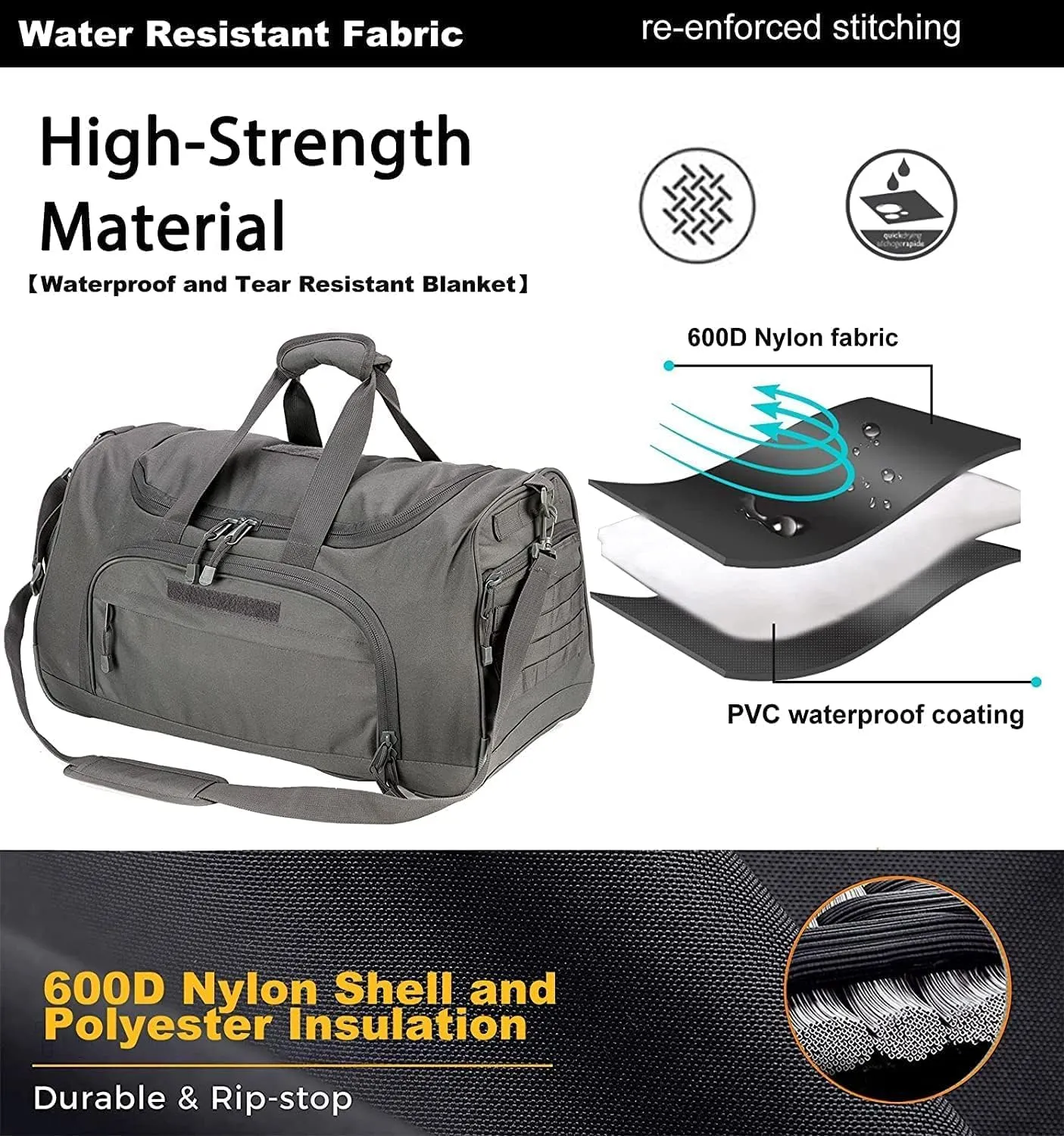 Gym Bag for Women & Men Tactical Duffle Military Weekender Work Out Lightweight Waterproof Sports Tote Shoe Pocket Gray