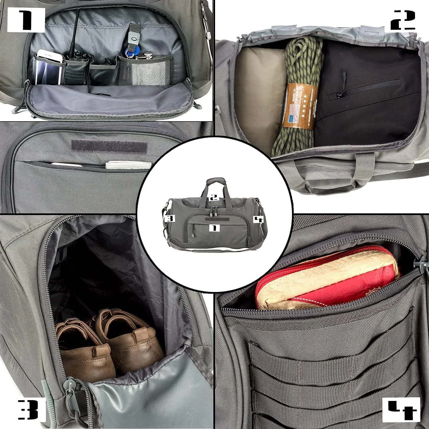 Gym Bag for Women & Men Tactical Duffle Military Weekender Work Out Lightweight Waterproof Sports Tote Shoe Pocket Gray