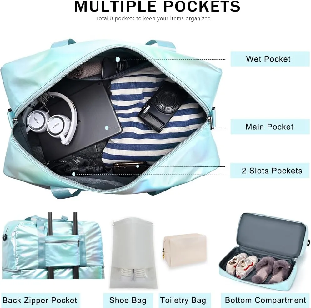 Gym Bag for Women Sports Travel Duffel Bag with Toiletry Bag Weekender Overnight Carry On Bag with Shoes Compartment Wet Pocket for Women Girls Yoga Dance Tote Workout Hospital Swim Bags Green