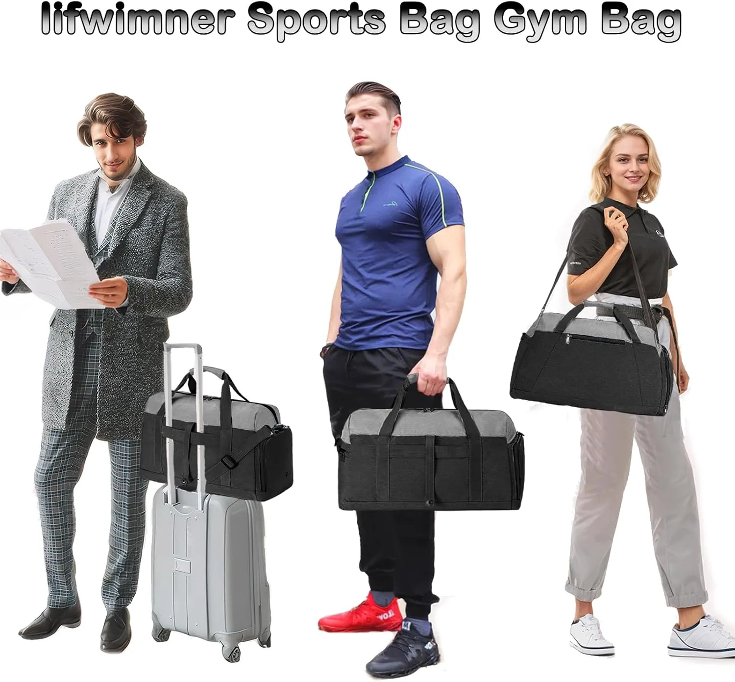 Gym Bags for Women Men with Wet & Shoe Compartment, 40L Foldable Travel Duffle Bag, Lightweight Weekender Overnight Duffel Bag for Traveling Sports Gym(Black)