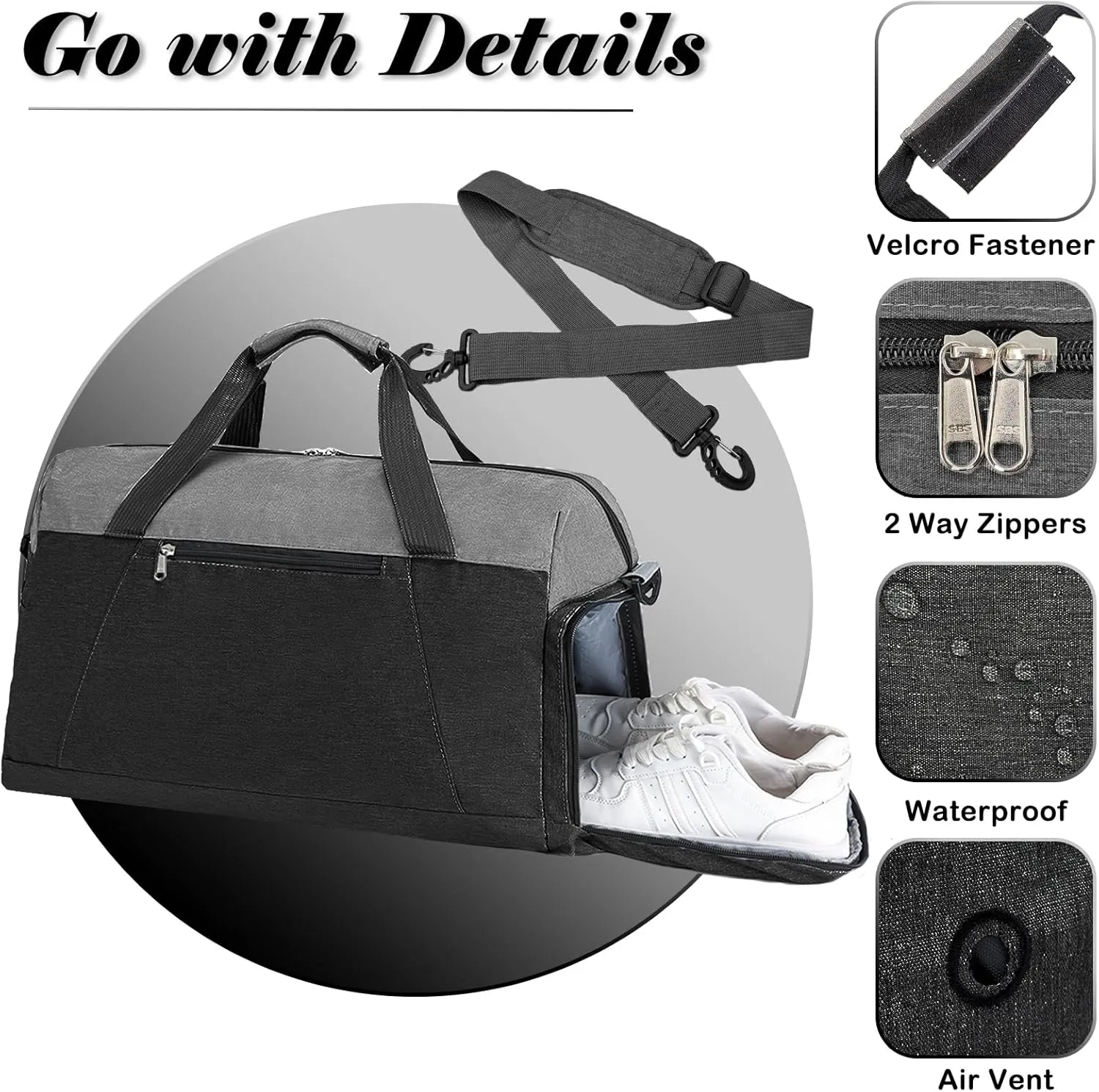 Gym Bags for Women Men with Wet & Shoe Compartment, 40L Foldable Travel Duffle Bag, Lightweight Weekender Overnight Duffel Bag for Traveling Sports Gym(Black)