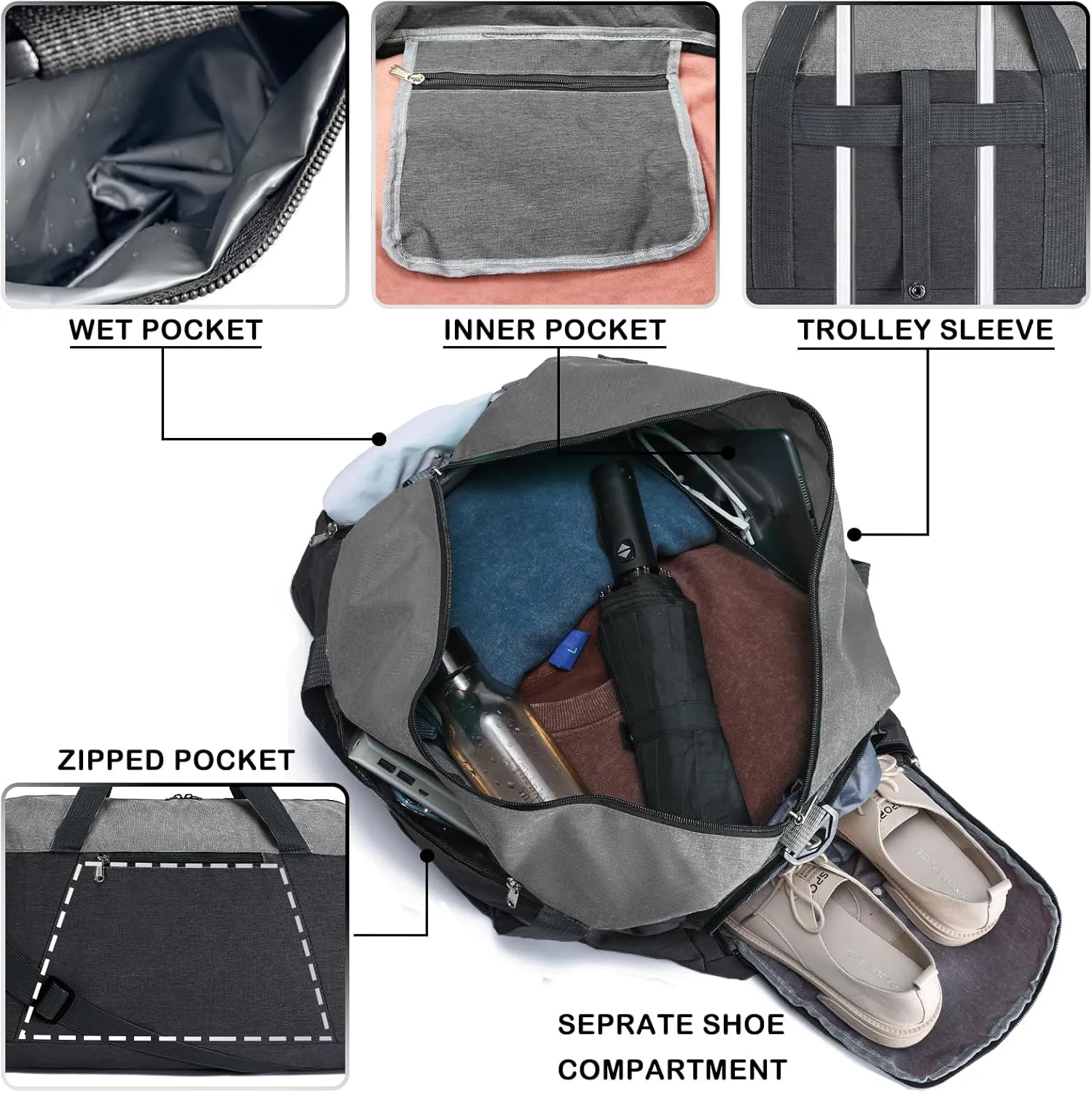 Gym Bags for Women Men with Wet & Shoe Compartment, 40L Foldable Travel Duffle Bag, Lightweight Weekender Overnight Duffel Bag for Traveling Sports Gym(Black)