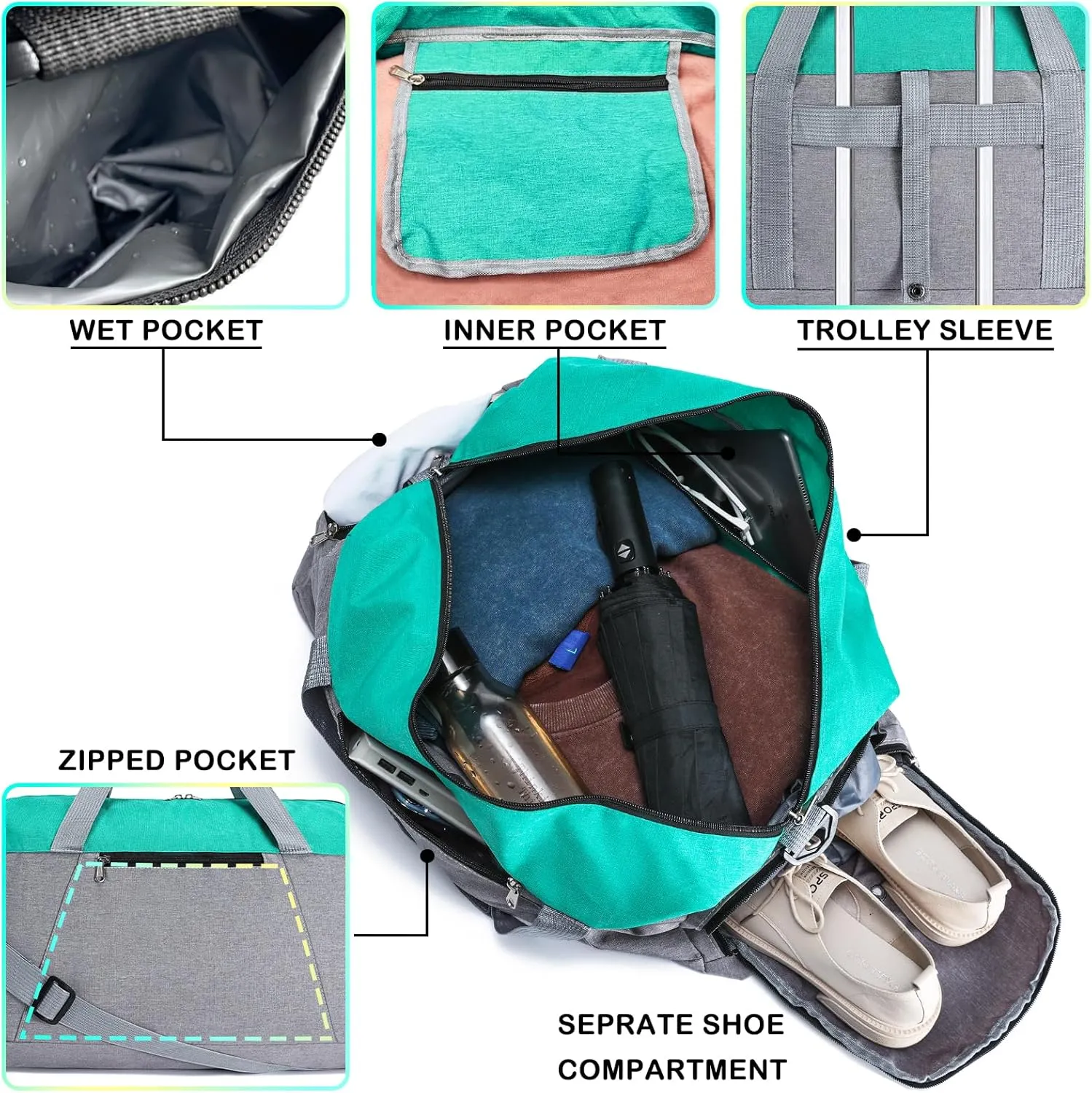 Gym Bags for Women Men with Wet & Shoe Compartment, 40L Foldable Travel Duffle Bag, Lightweight Weekender Overnight Duffel Bag for Traveling Sports Gym(Green)