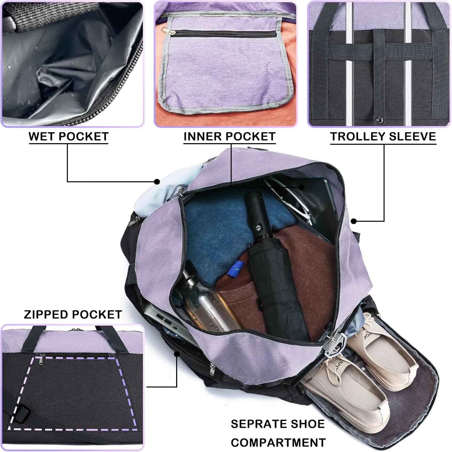 Gym Bags for Women Men with Wet & Shoe Compartment, 40L Foldable Travel Duffle Bag, Lightweight Weekender Overnight Duffel Bag for Traveling Sports Gym(Purple)