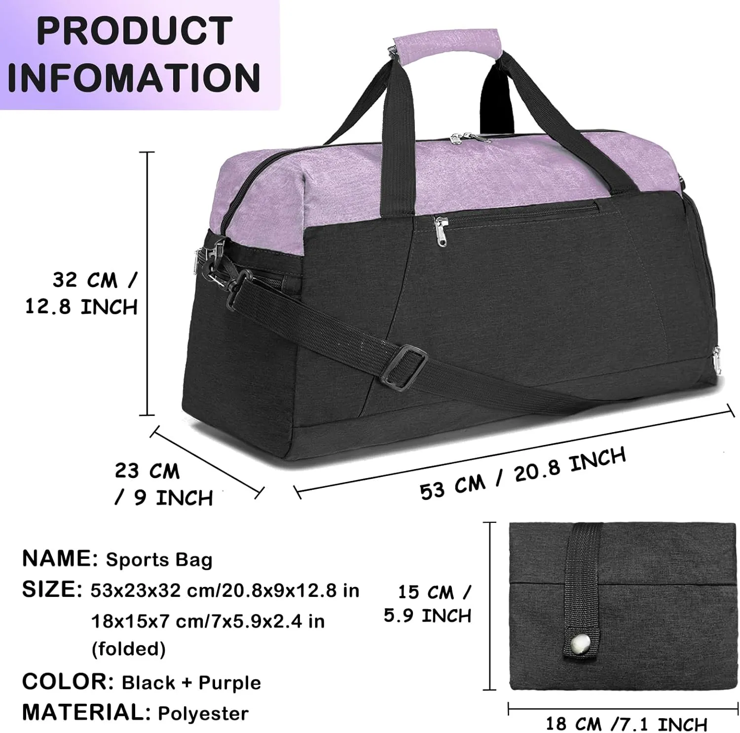 Gym Bags for Women Men with Wet & Shoe Compartment, 40L Foldable Travel Duffle Bag, Lightweight Weekender Overnight Duffel Bag for Traveling Sports Gym(Purple)