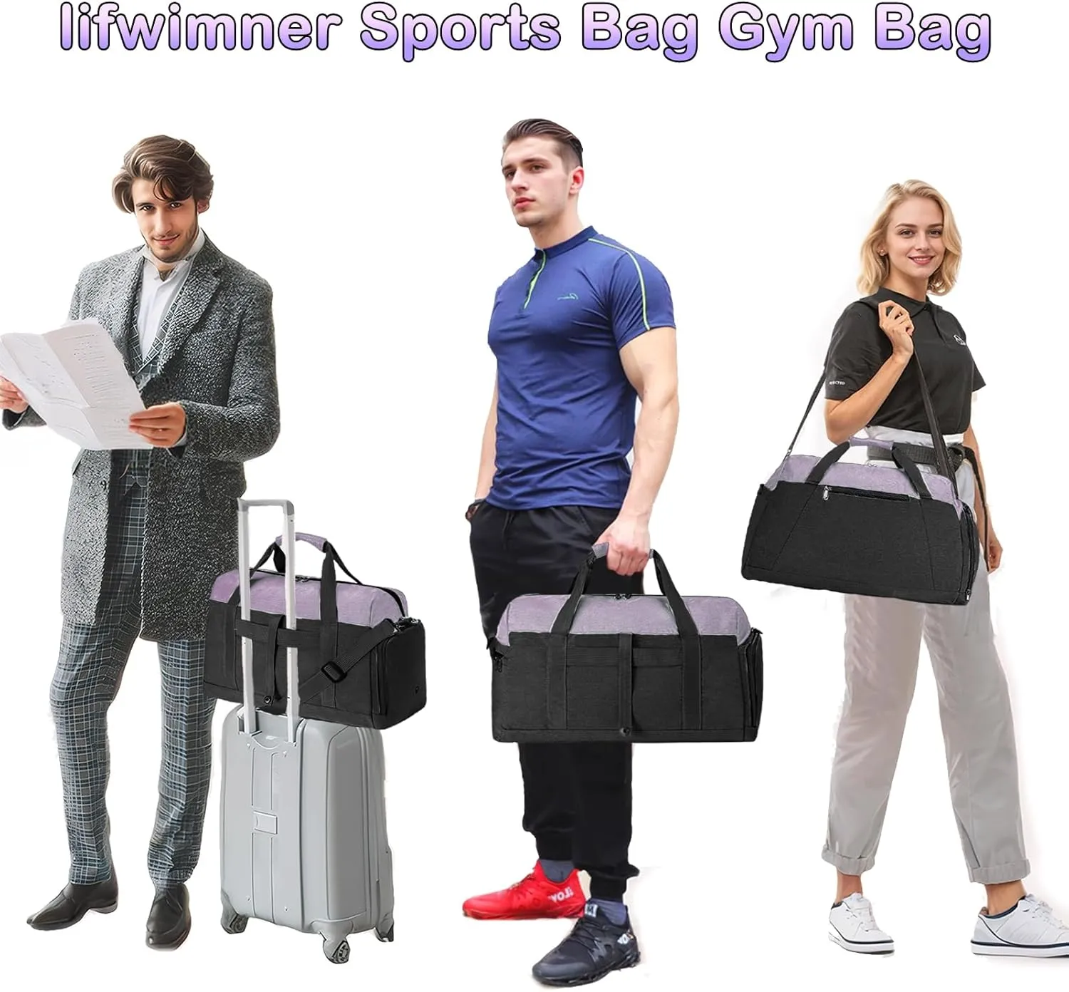 Gym Bags for Women Men with Wet & Shoe Compartment, 40L Foldable Travel Duffle Bag, Lightweight Weekender Overnight Duffel Bag for Traveling Sports Gym(Purple)