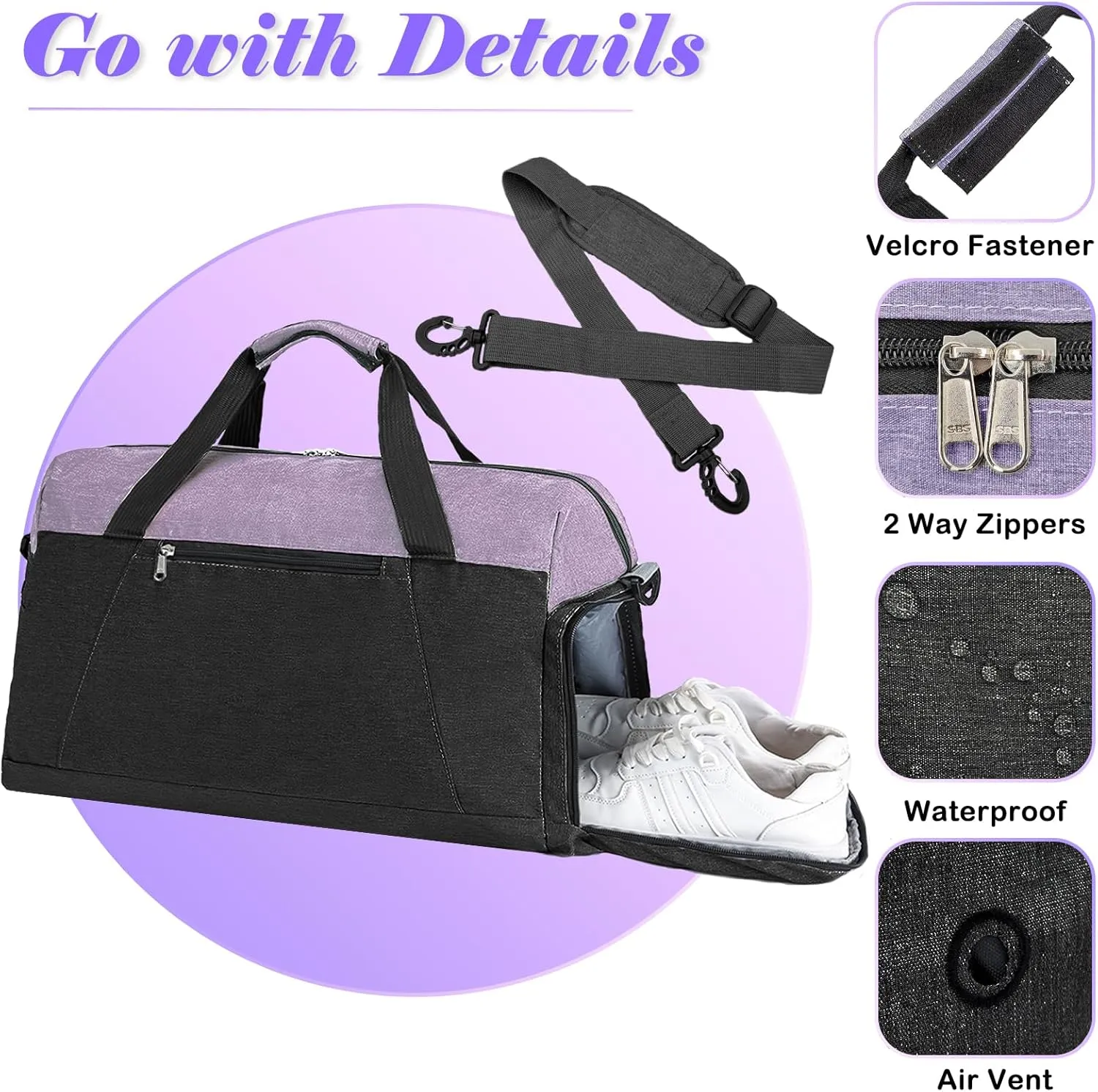 Gym Bags for Women Men with Wet & Shoe Compartment, 40L Foldable Travel Duffle Bag, Lightweight Weekender Overnight Duffel Bag for Traveling Sports Gym(Purple)