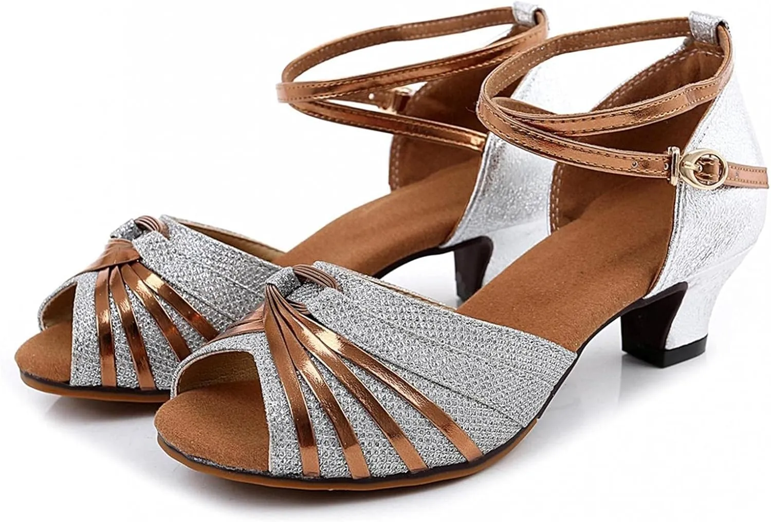 Hbeylia Rhinestones Dress Sandals Shoes For Women Ladies Gold Silver Glittering Leather Peep Toe Kitten High Heels Ankle Strap Dressy Pump Ballet Flats For Wedding Dancing Dress Evening Party
