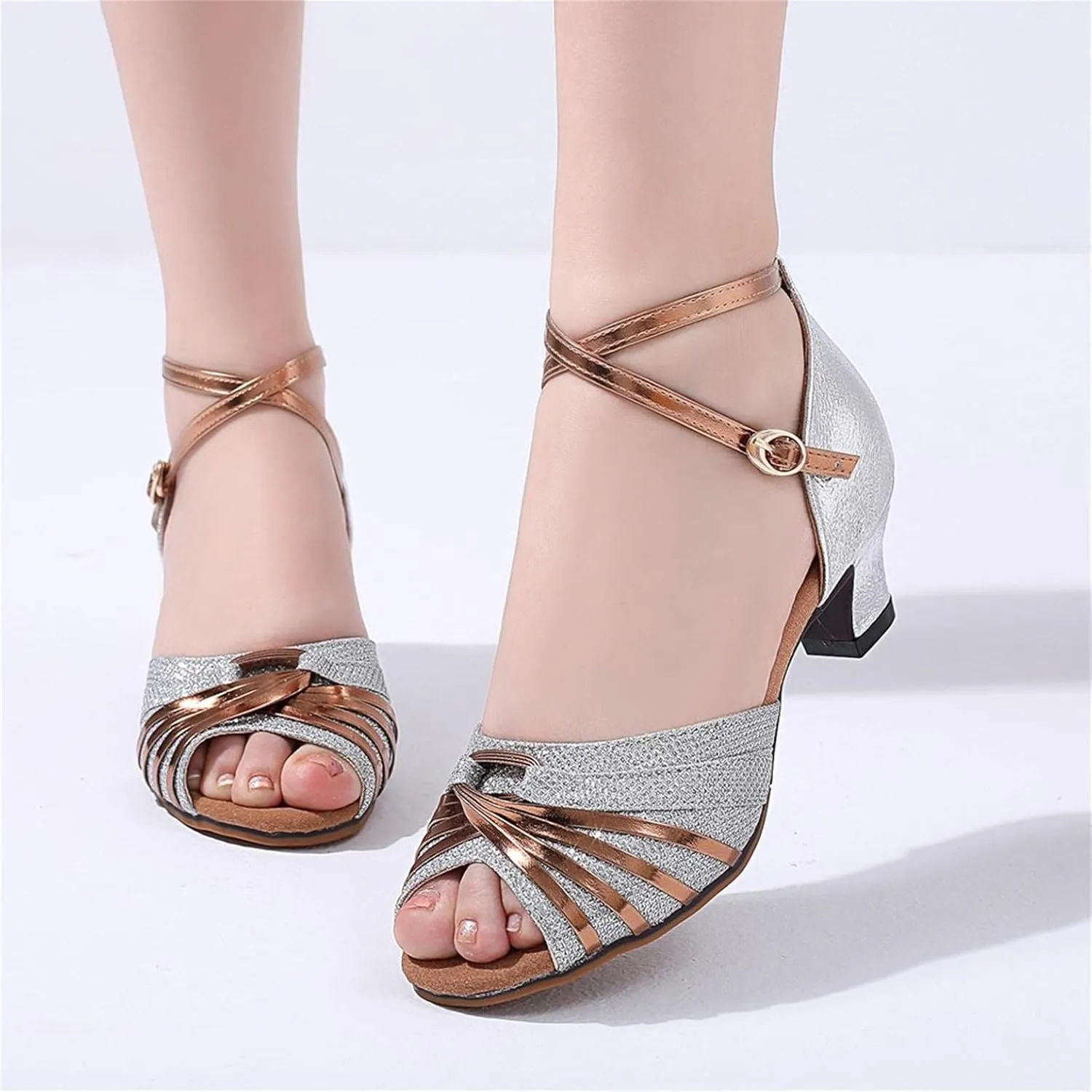 Hbeylia Rhinestones Dress Sandals Shoes For Women Ladies Gold Silver Glittering Leather Peep Toe Kitten High Heels Ankle Strap Dressy Pump Ballet Flats For Wedding Dancing Dress Evening Party